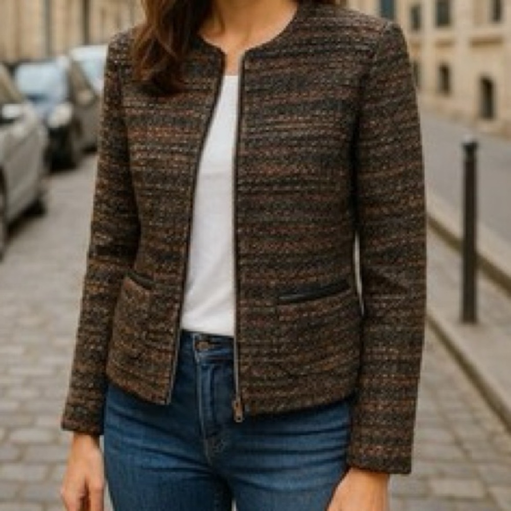 L'AGENCE Brown Multi Tweed Zip-Front Jacket